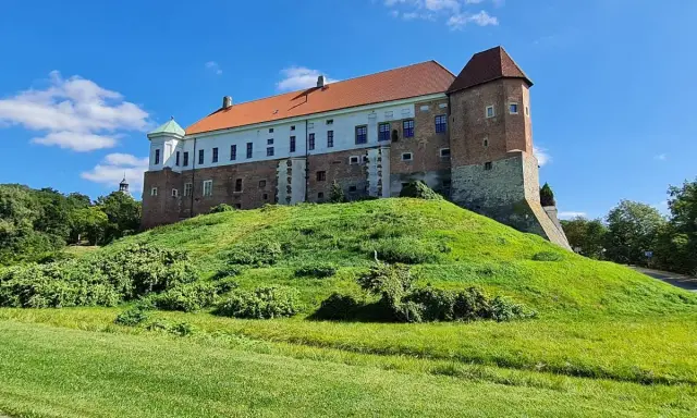 Zamek na wzgórzu, zielona trawa, błękitne niebo. Może to najkrótsza trasa do Sandomierza?