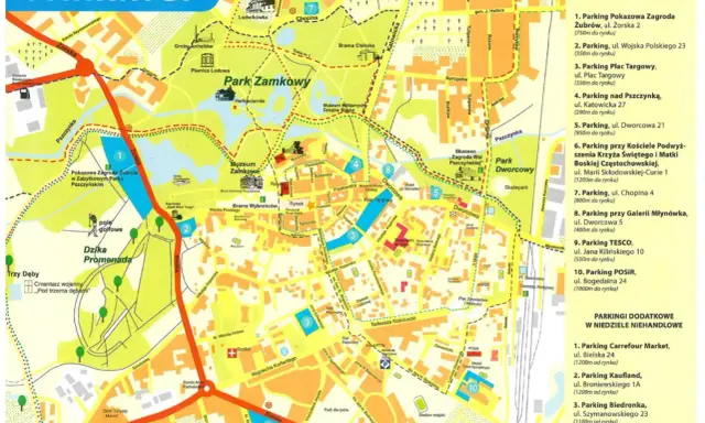 Mapa Pszczyny z zaznaczonymi parkingami, w tym przy Pokazowej Zagrodzie Żubrów.