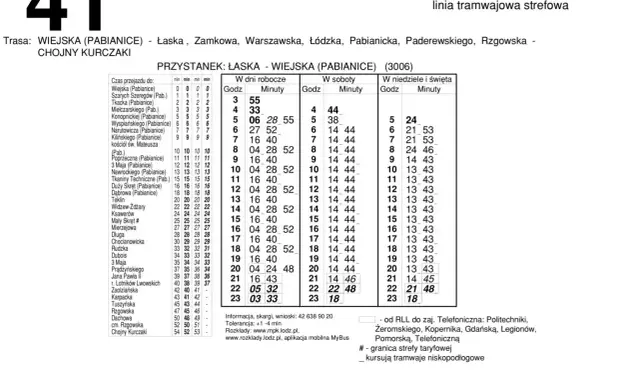 Rozkład jazdy tramwaju 41 na trasie Pabianice - Łódź. Zobacz przystanki i godziny odjazdów w dni robocze, soboty i święta.