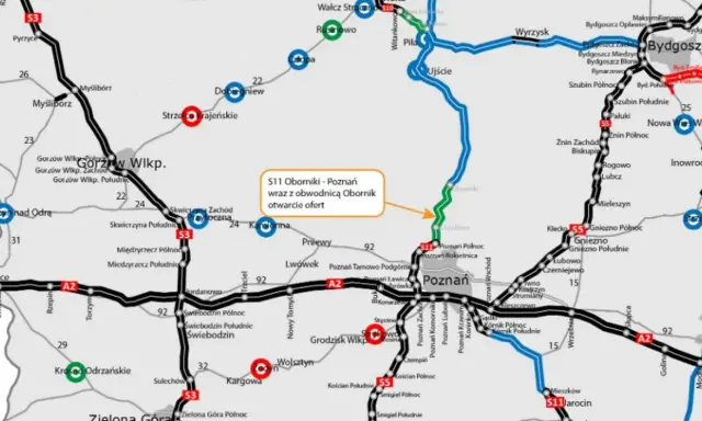 Mapa drogowa z zaznaczonym odcinkiem S11 Oborniki-Poznań, który jest częścią systemu odcinkowego pomiaru prędkości S11.