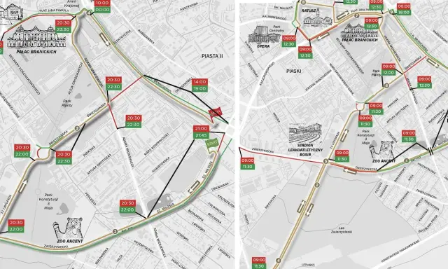 Trasa w mieście na trasie Białystok-Wyszków, z zaznaczonymi punktami i godzinami, m.in. Pałacem Branickich i Zoo Akcent.
