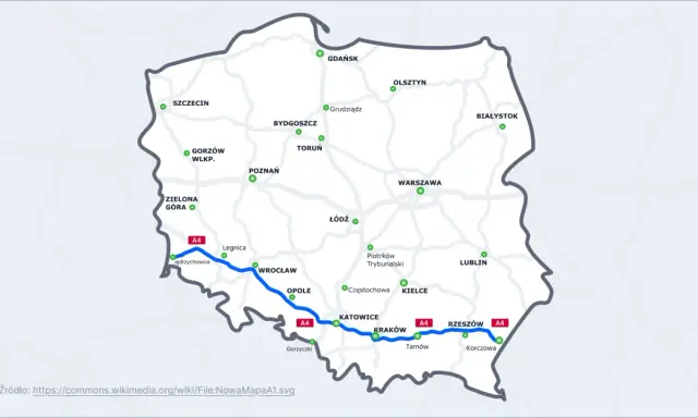 Mapa Polski z zaznaczoną autostradą A4, biegnącą od Jędrzychowic przez Wrocław, Katowice, Kraków do Korczowej.