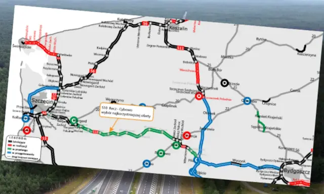 Mapa drogowa z zaznaczonymi trasami, w tym drogami w budowie i planowanymi. Widoczna jest trasa Szczecin - Bydgoszcz.