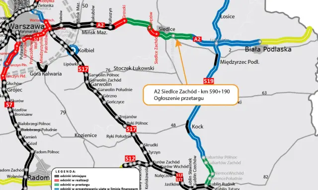 Mapa drogowa z zaznaczoną autostradą A2. Widoczny odcinek A2 Siedlce Zachód - km 590+190 z ogłoszeniem przetargu.