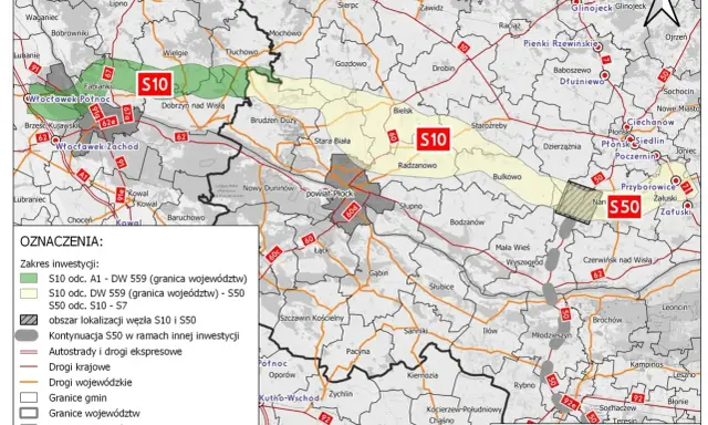 Mapa pokazuje przebieg trasy S10 i S50, z zaznaczonymi odcinkami inwestycji, węzłami i granicami.
