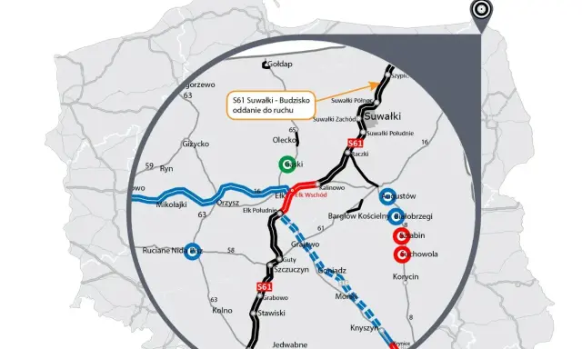 Mapa pokazuje przebieg trasy S61 od Suwałk do Budziska, z zaznaczonymi miastami i odcinkami drogi.