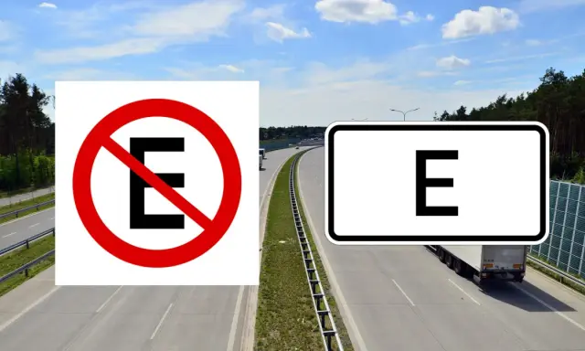 Zakaz zatrzymywania się (oznaczenie drogi E) i strefa dla pojazdów elektrycznych.