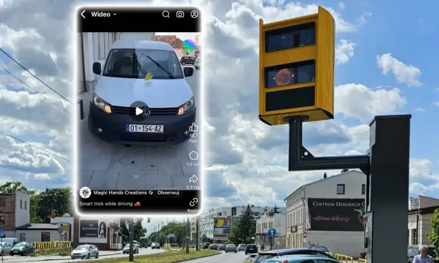 Jak wypełnić mandat z fotoradaru wzór? Na filmie biały bus, fotoradar i droga.