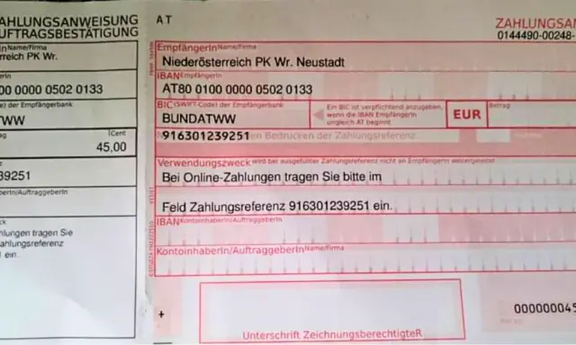 Dokument płatności z Austrii na kwotę 45 EUR. Numer referencyjny 916301239251.