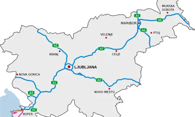 Mapa Słowenii z zaznaczonymi autostradami A1, A2, A3, A4, A5 i głównymi miastami: Lublana, Maribor, Celje, Kranj, Koper, Nova Gorica, Novo Mesto, Velenje, Ptuj, Murska Sobota.
