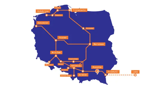 Mapa Polski z zaznaczonymi trasami kolejowymi. Widoczna jest trasa do Rzeszowa, łącząca wiele miast, w tym Warszawę, Kraków i Przemyśl.