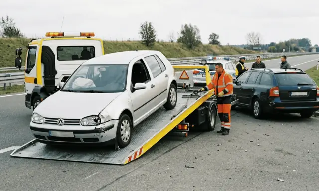 Pomoc drogowa w akcji: srebrny Volkswagen na lawecie, obok czarna Skoda i policja. Trwa holowanie auta po wypadku.