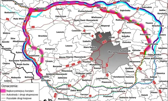 Mapa pokazuje proponowane korytarze dróg ekspresowych wokół Warszawy, z zaznaczonymi utrudnieniami na dk 50.