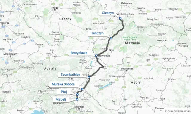 Trasa z Cieszyna przez Bratysławę, Szombathely, Ptuj do Zagrzebia. Zastanawiasz się, ile kilometrów jest do Chorwacji? Mapa pokazuje drogę do Zagrzebia.