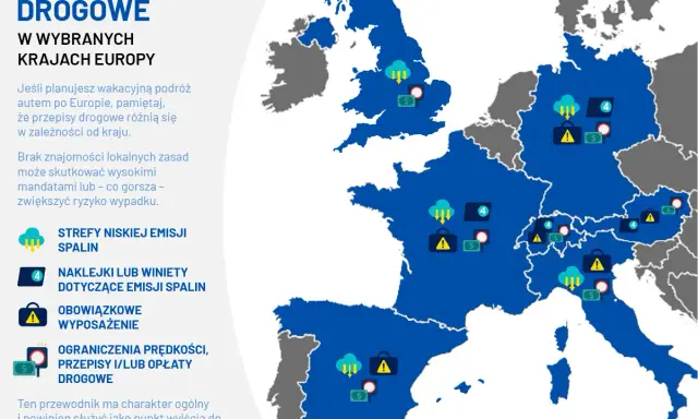 Mapa autostrad w Europie z ikonami informującymi o strefach niskiej emisji, winietach, wyposażeniu i ograniczeniach prędkości.
