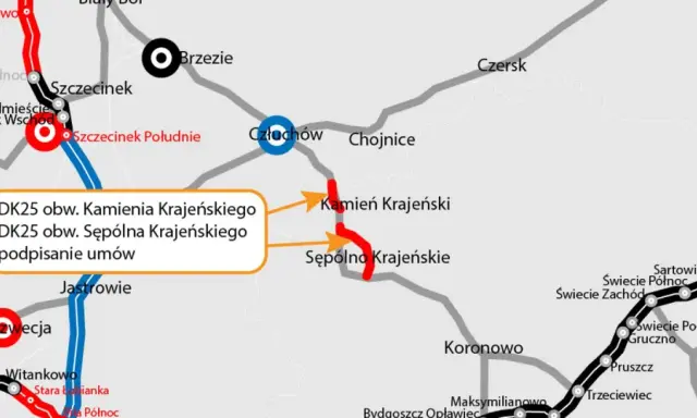 Mapa drogowa z zaznaczoną trasą DK25 obwodnica Sępólna Krajeńskiego. Widoczne miejscowości: Człuchów, Kamień Krajeński, Sępólno Krajeńskie.