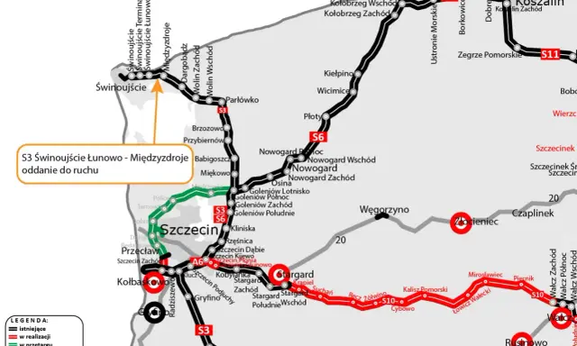 Mapa drogowa z zaznaczoną trasą S3 Świnoujście - Międzyzdroje.
