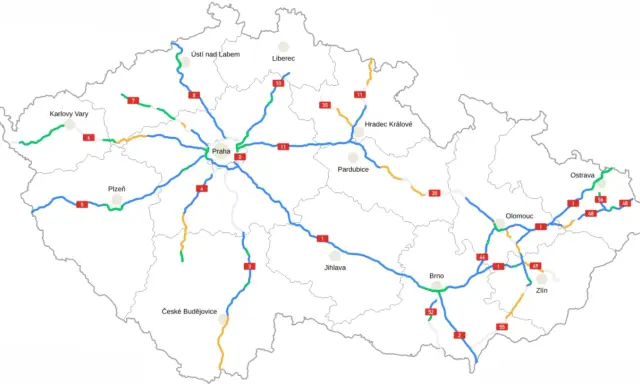 Mapa autostrad w Czechach z zaznaczonymi głównymi miastami i numerami dróg.