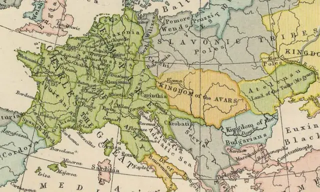 Mapa Europy z zaznaczoną Bawarią, która leży na wschód od Franków, na północ od Italii i na zachód od Królestwa Awarów.