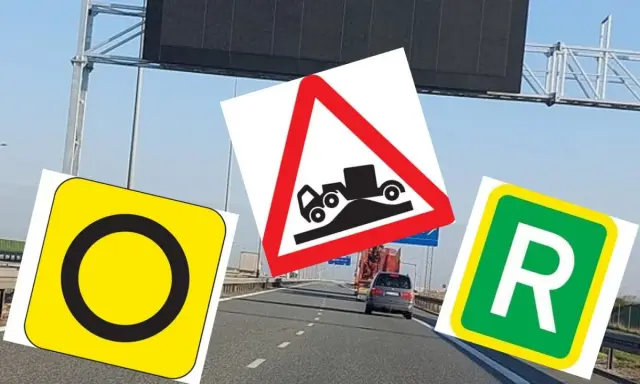 Oznaczenie drogi ekspresowej z trzema znakami: zakaz, nierówność drogi i parking.