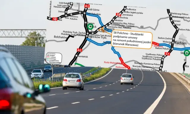 Mapa drogowa z zaznaczoną trasą S8 Polichno-Studzianki, w tle droga krajowa 88 z samochodami.