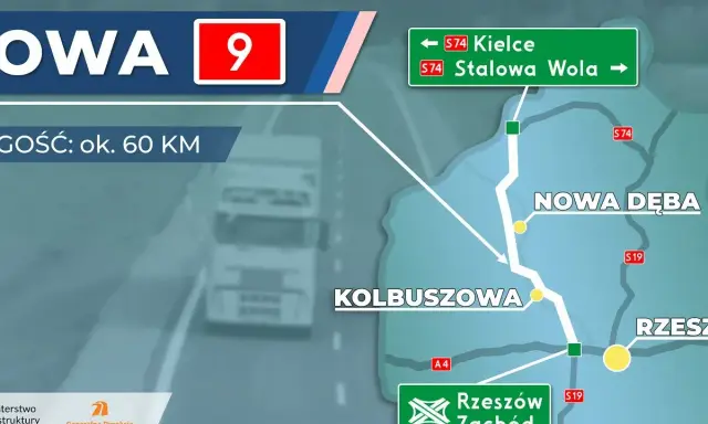 Trasa S19 na mapie: odcinek ok. 60 km z Kolbuszowej przez Nową Dębę do Rzeszowa Zachód.