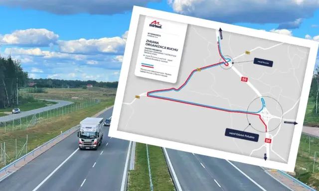 Utrudnienia na S6 dzisiaj. Mapa pokazuje objazd budowy obwodnicy metropolii trójmiejskiej. Ciężarówka i samochód jadą drogą.