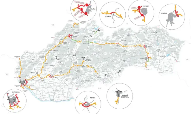 Mapa Słowacji z zaznaczonymi drogami i miastami. Wjazd na Słowację przez autostrady D1, D2, R1, R4.