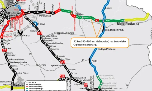 Mapa pokazuje autostradę A2, jej długość i przebieg, z zaznaczonym odcinkiem w przetargu.