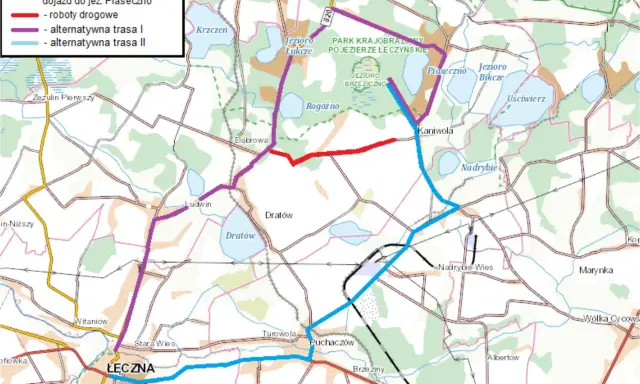 Mapa pokazuje przebudowę drogi powiatowej z Dąbrowy do Kaniwoli, z zaznaczoną łęczną trasą robót drogowych i alternatywnymi trasami I i II.
