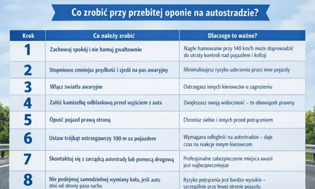 Tabela z instrukcją, co robić przy przebitej oponie na autostradzie: zachowaj spokój, zjedź na pas awaryjny, włącz światła, załóż kamizelkę, opuść pojazd prawą stroną, ustaw trójkąt, wezwij pomoc.