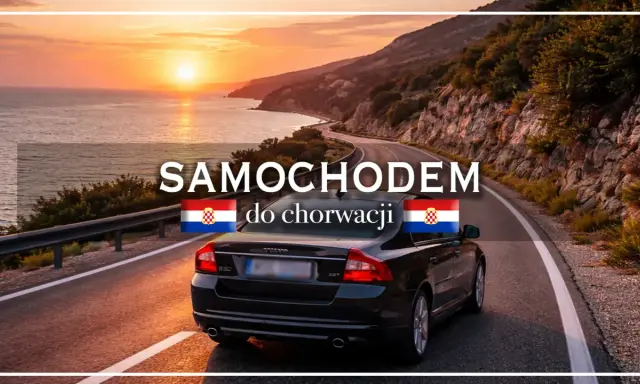 Samochodem do Chorwacji, kraju w Unii Europejskiej. Słoneczny zachód słońca nad Adriatykiem i kręta droga.