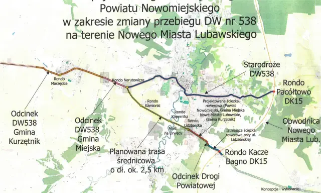 Mapa przedstawia planowaną trasę Nowe Miasto Lubawskie, w tym obwodnicę i ścieżki rowerowe, usprawniające ruch drogowy.