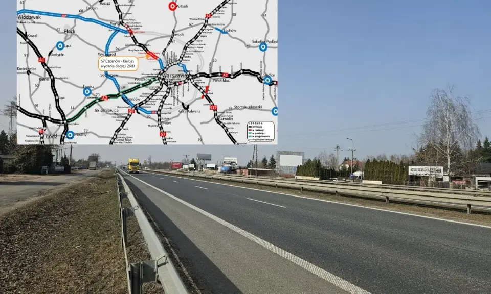 Mapa przedstawia przebieg trasy S7 od Czosnowa do Kielpina, z zaznaczonymi miastami i drogami. Widok z drogi szybkiego ruchu.
