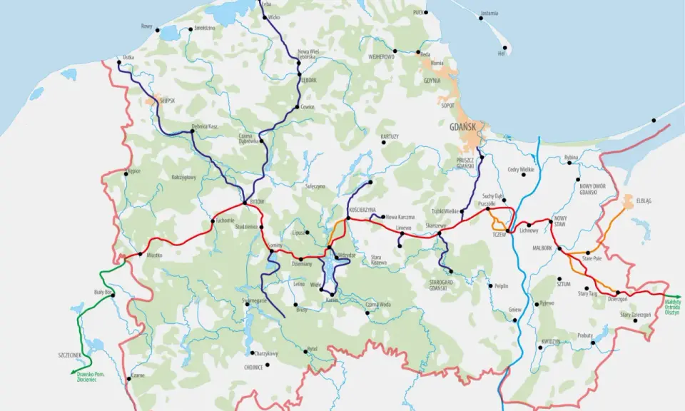 Mapa kolejowa Pomorza z zaznaczoną trasą Bytów - Kościerzyna - Tczew.