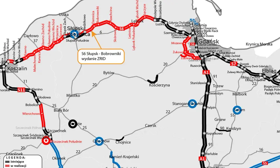 Mapa drogowa z zaznaczoną trasą S6 Słupsk - Bobrowniki, w realizacji.