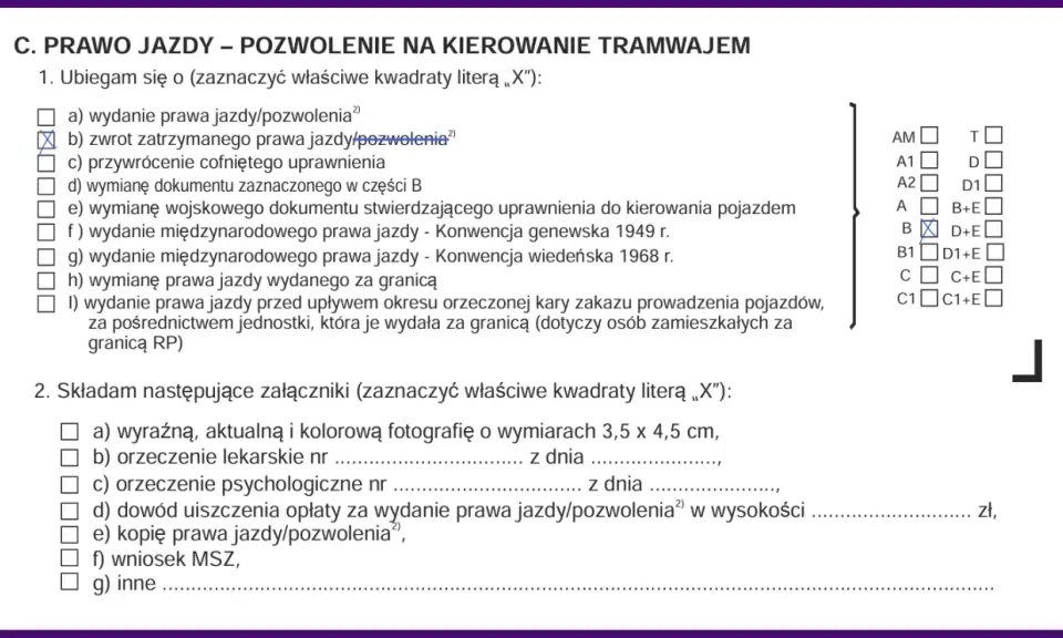 Formularz dotyczy prawa jazdy. Zaznaczono zwrot zatrzymanego prawa jazdy, co może być związane z tym, na ile zabierają prawo jazdy za prędkość.