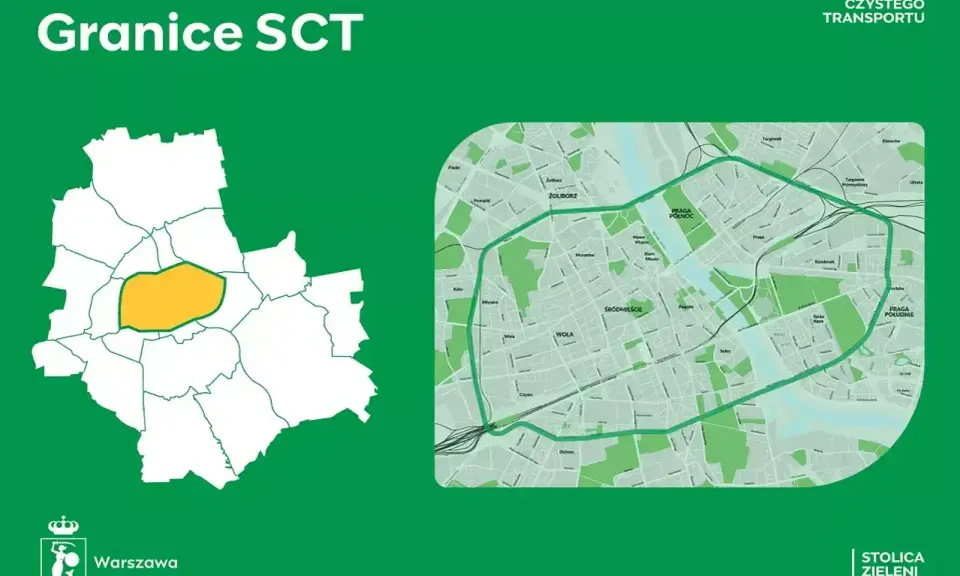 Mapa Warszawy z zaznaczoną Strefą Czystego Transportu. Polska naklejka ekologiczna informuje o granicach SCT.
