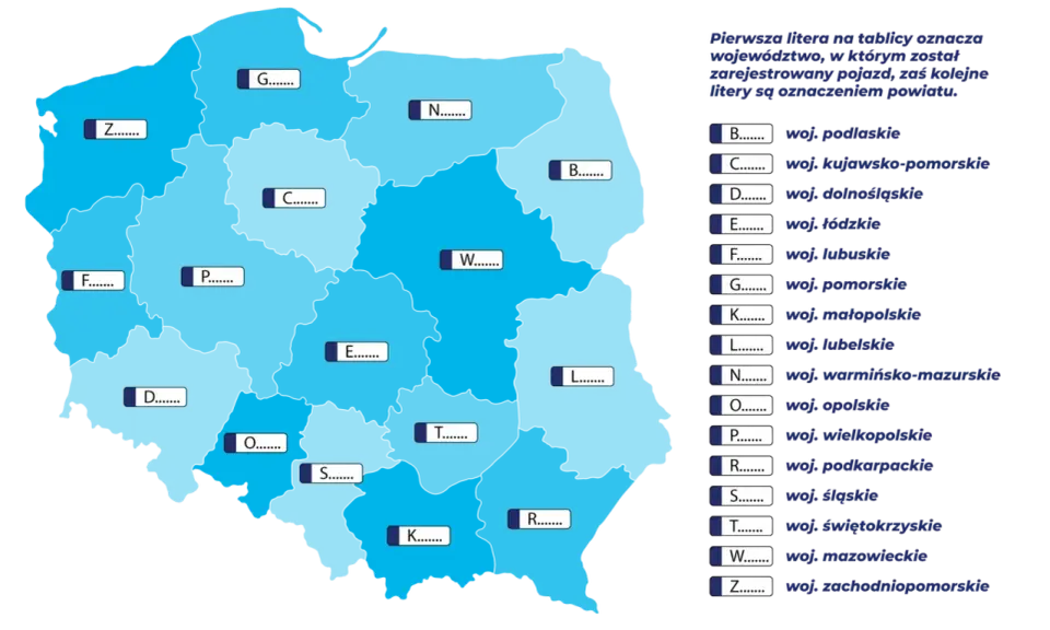 Mapa Polski z literami i kropkami, jak na tablicy rejestracyjnej, wskazującymi lokalizacje.