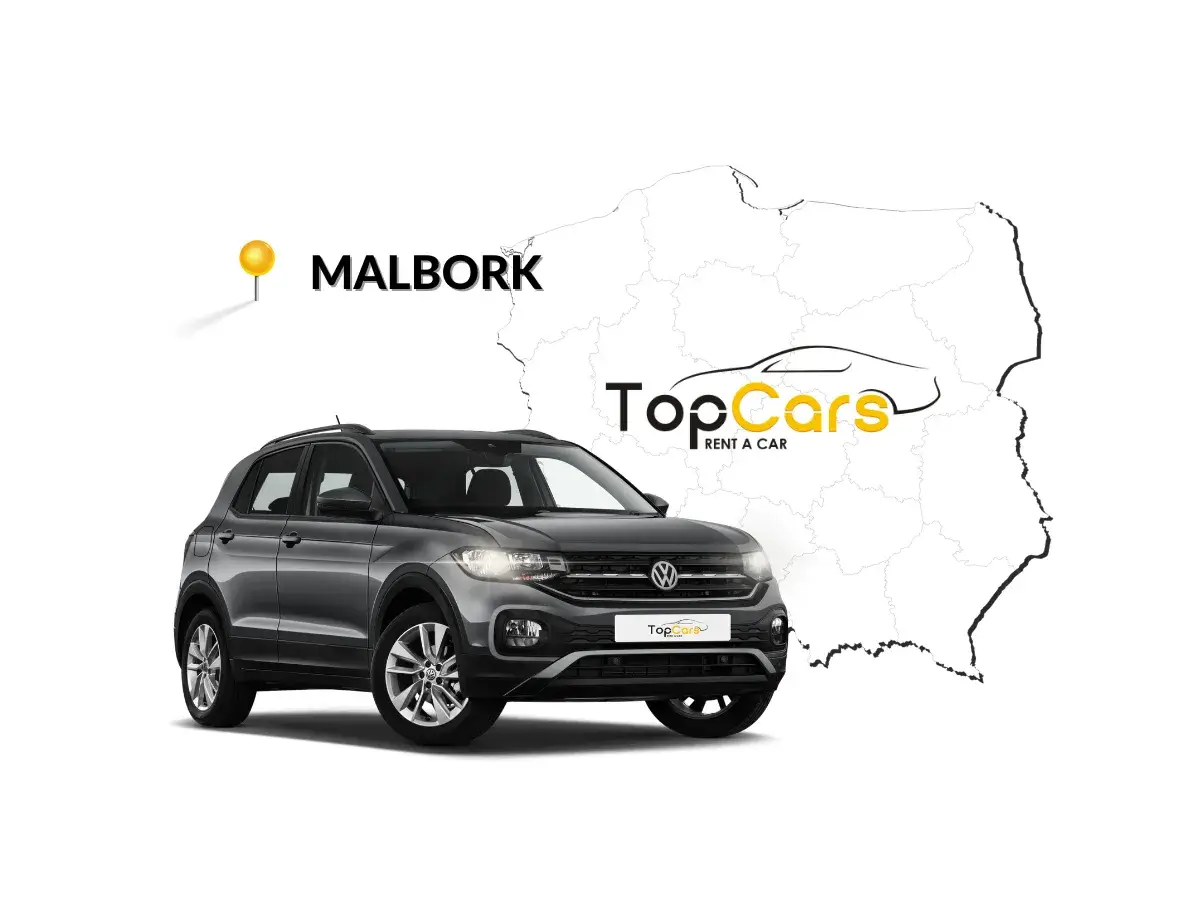 Szary Volkswagen T-Cross gotowy na podróż z Tczewa do Malborka. Mapa Polski z zaznaczonym Malborkiem i logo TopCars.
