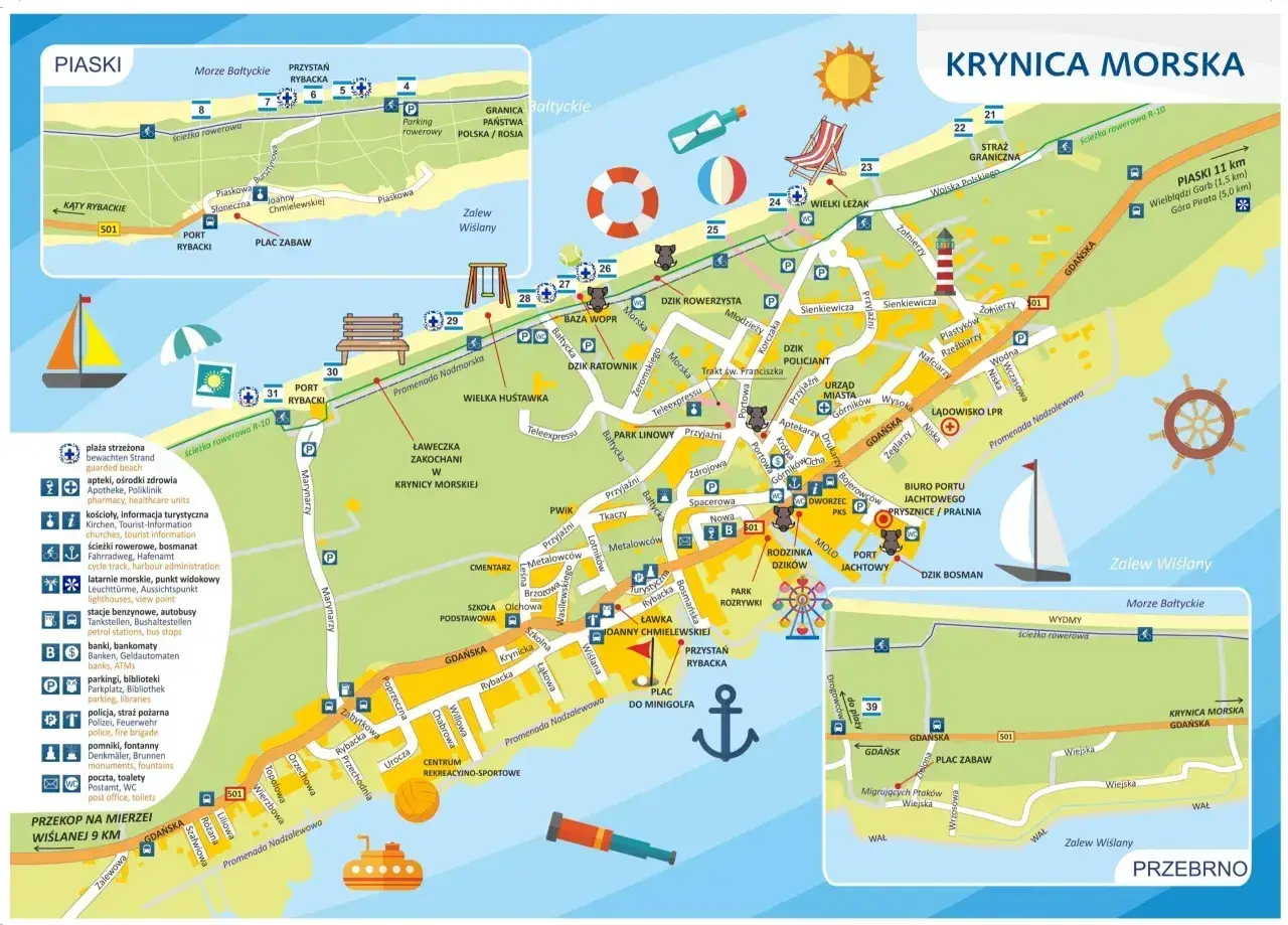 Mapa turystyczna Krynicy Morskiej i Piasków. Znajdziesz tu plaże, porty, ścieżki rowerowe i atrakcje. Sztutowo trasa jest zaznaczona.