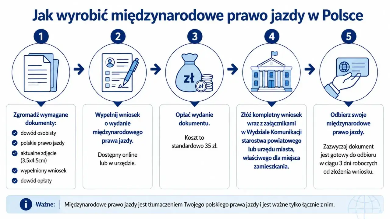 Jak wyrobić międzynarodowe prawo jazdy: zbierz dokumenty, wypełnij wniosek, opłać, złóż w urzędzie i odbierz.