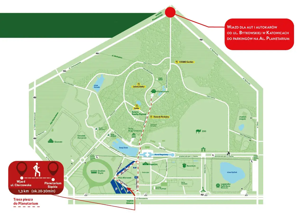 Mapa Parku Śląskiego. Wjazd od ul. Chorzowskiej, 1,3 km do Planetarium Śląskiego. Widać Planetarium, Zoo, Stadion Śląski.
