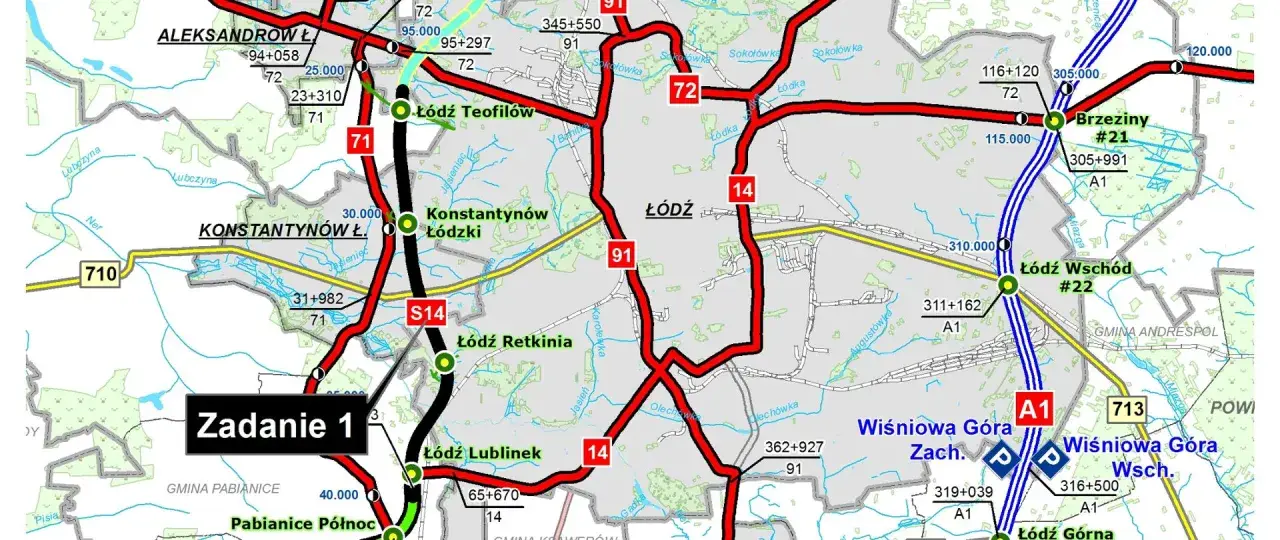 Mapa drogowa z zaznaczoną trasą przez Konstantynów Łódzki, Łódź i Brzeziny.