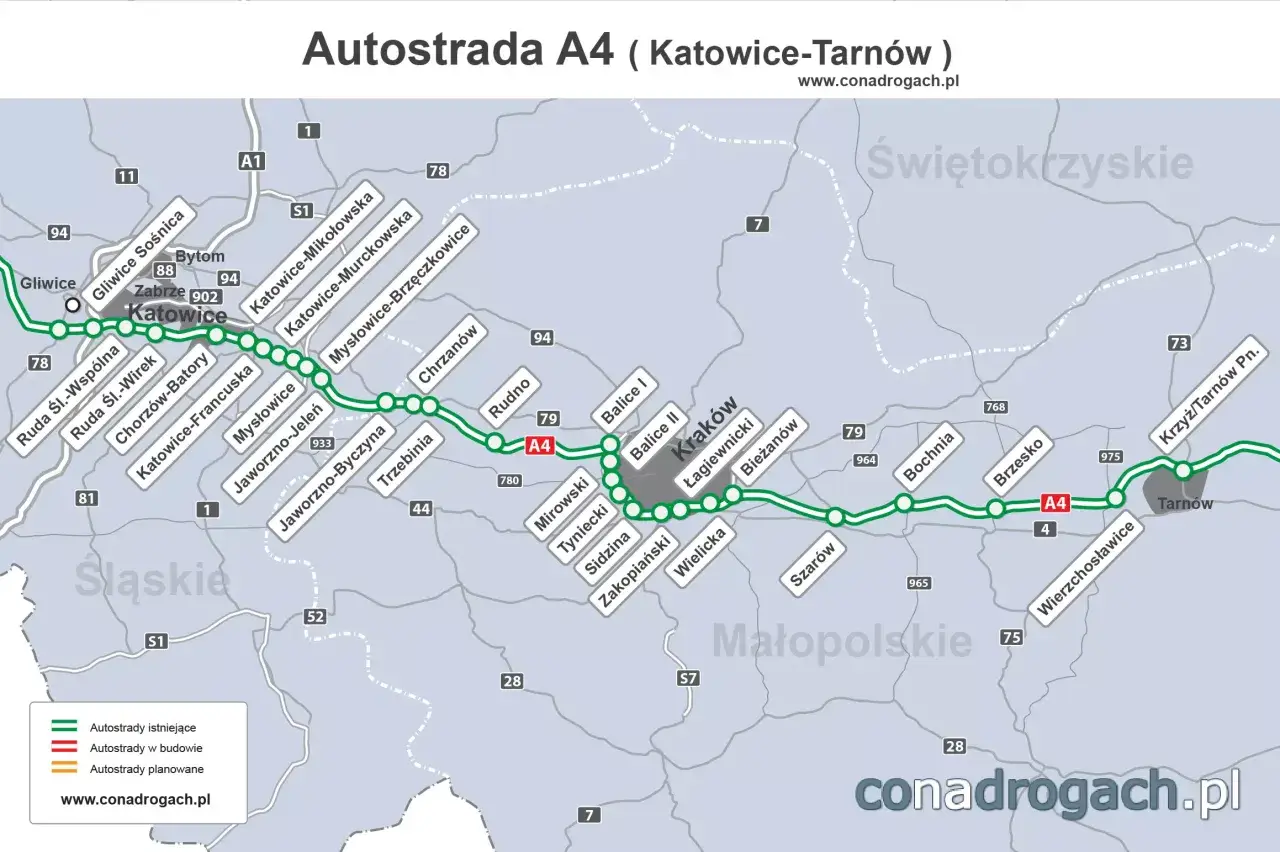 Mapa autostrady A4 od Katowic do Tarnowa, z zaznaczonymi miastami i węzłami.
