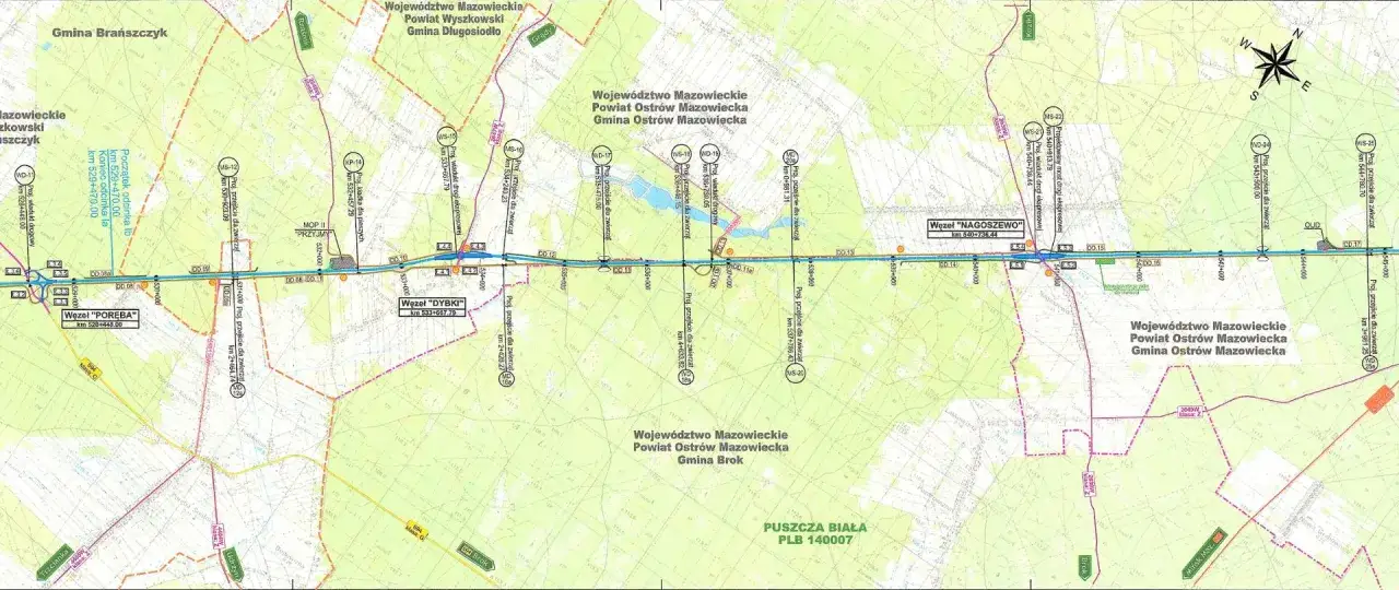 Mapa drogowa z zaznaczonymi węzłami i odcinkami drogi S61, kt&oacute;ra stanowi część trasy Białystok-Wyszk&oacute;w.