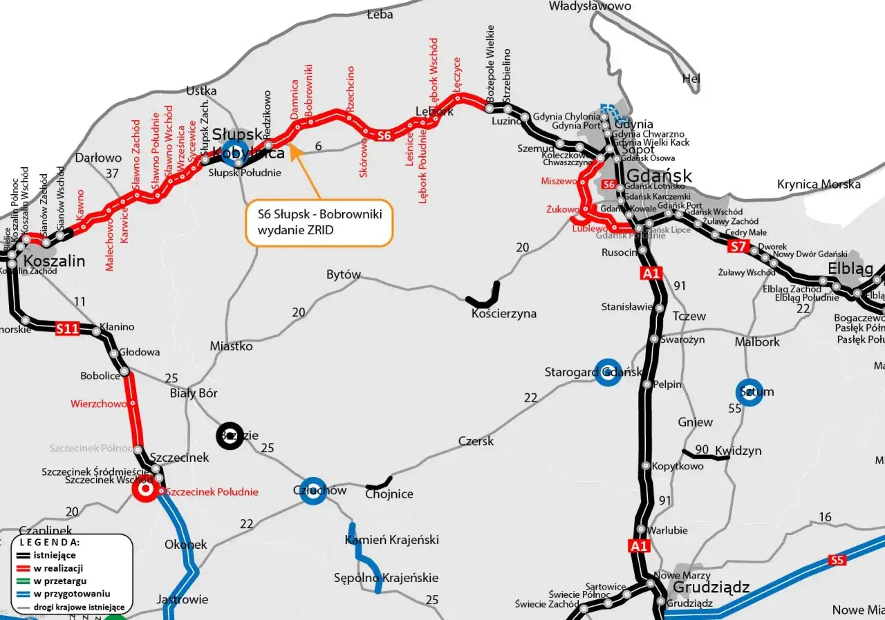 Mapa drogowa z zaznaczoną drogą S6, pokazującą przebieg od Słupska do Bobrownik, z informacją o wydaniu ZRID.