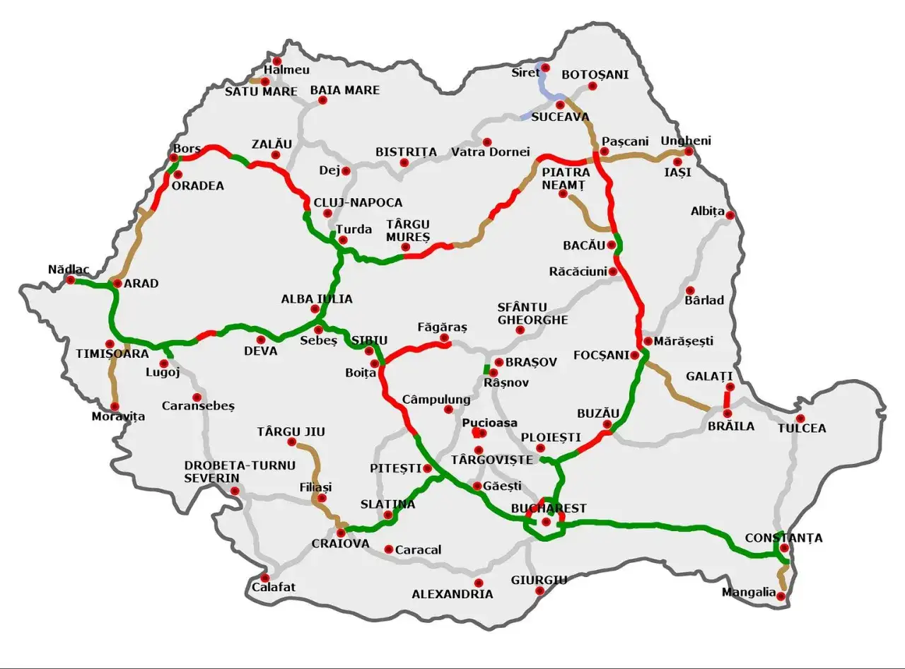Mapa drogowa Rumunii z zaznaczonymi miastami i trasami. Wjazd do kraju od zachodu, przez Nădlac i Arad.