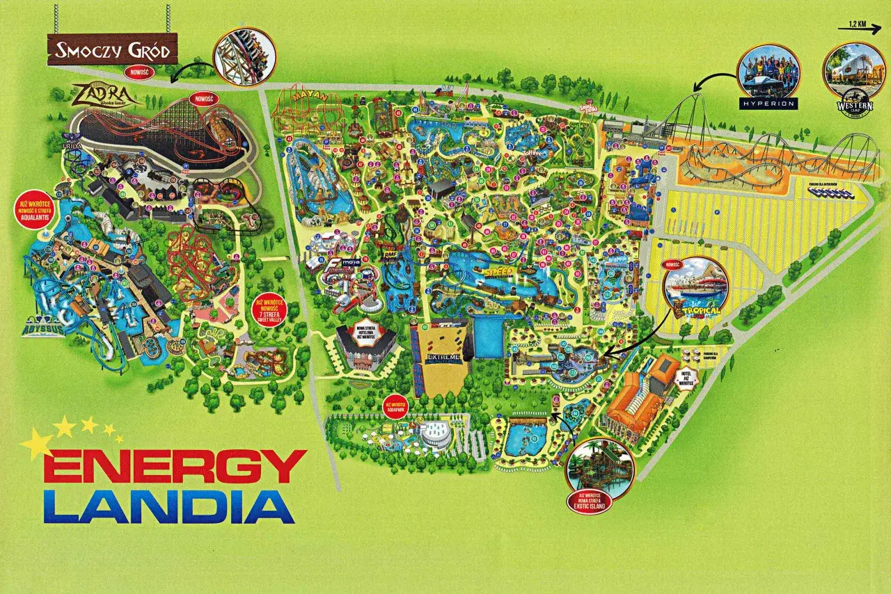 Mapa Energylandii z zaznaczonymi atrakcjami, w tym Smoczy Gród, Zadra, Hyperion i zator.