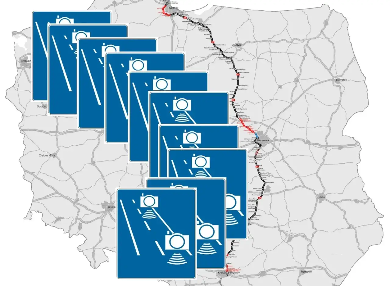 Mapa Polski z zaznaczoną trasą S7 i nakładającymi się znakami informującymi o odcinkowym pomiarze prędkości.